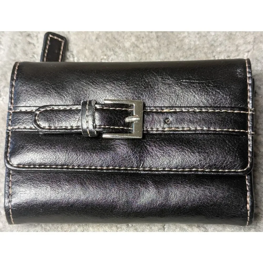 Wilsons Black Leather Trifold Wallet WOMENS SMALL buckle white stitch minimalist